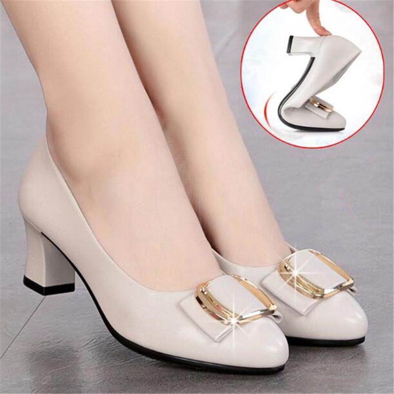 

Fashion Women Pumps Shoes Women Genuine Leather Shallow Slip-On Round Toe High Heels Shoes Wedding Party Office Work Shoes Size 35-41 39