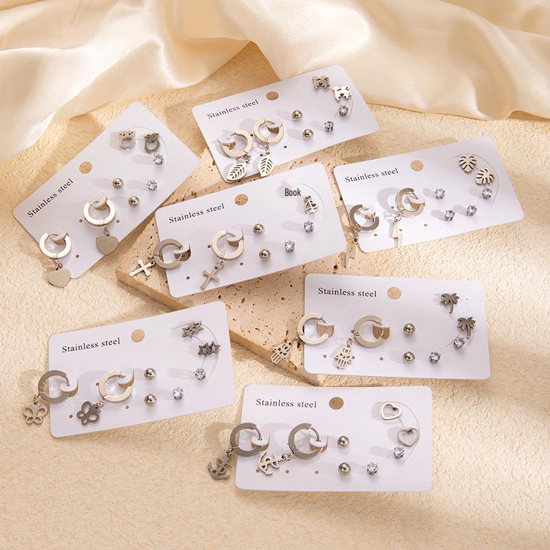 Versatile 18K Titanium Steel Earrings Set with Cross, Heart, and Butterfly Pendants