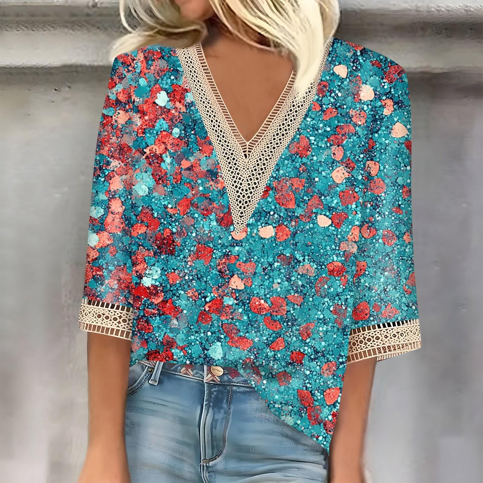 

Женский кружевной топ с винтажным принтом и рукавами три четверти M циан