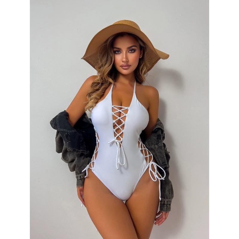 Women's Fashionable One-piece V-neck Swimsuit, One-piece Drawstring Swimsuit For Women