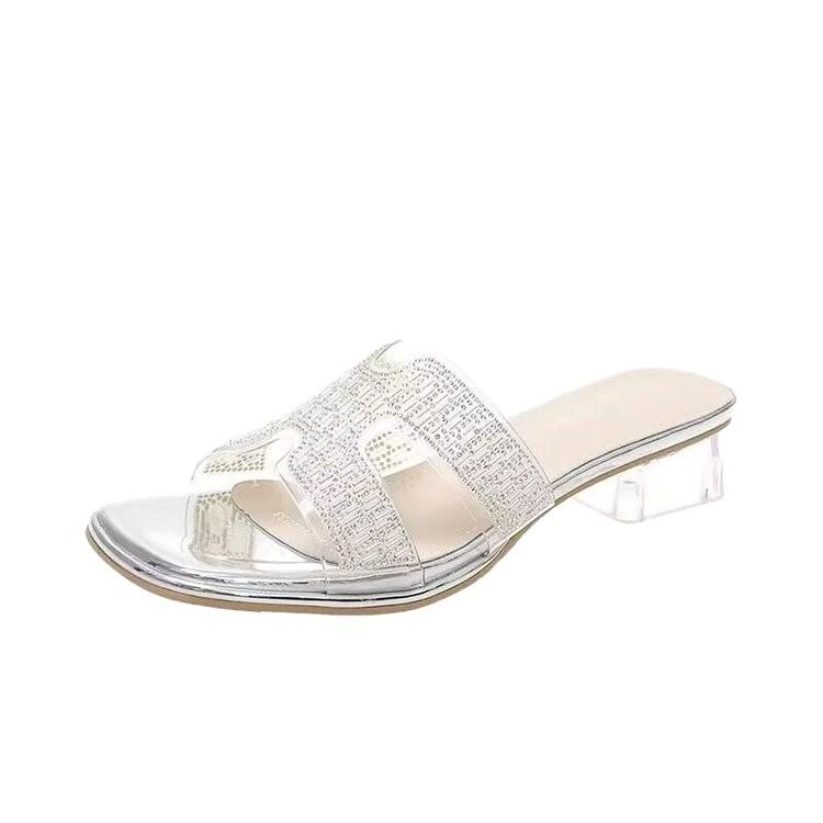 Sexy thick-heeled slippers women's summer 2025 new outer wear fashion with diamond mid-heel temperament celebrity summer cool slippers