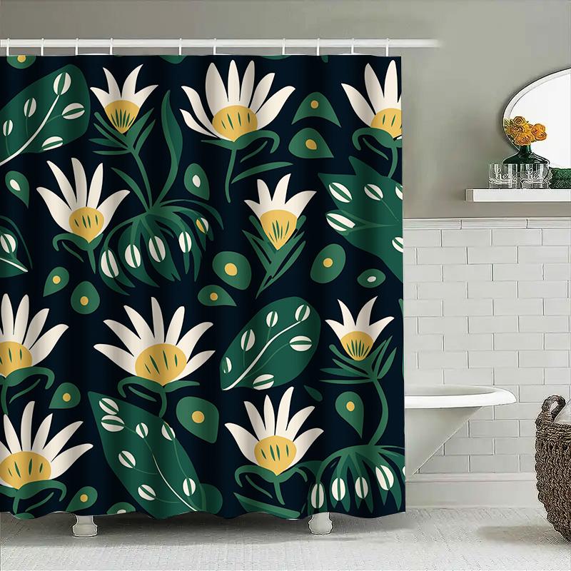Modern Floral Bath Shower Curtain Green White Yellow Flower Design Waterproof Decorative Fabric Washable Home Bathroom Accessori