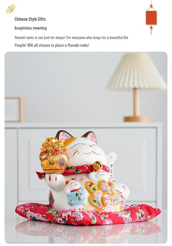 Electric Waving Lucky Cat Ceramic Ornament for Home, Living Room, Shop, or Cashier Desk.