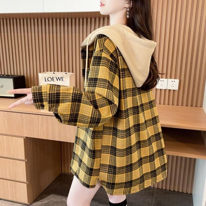 Autumn Winter Vintage Plaid Printing Patchwork Hooded Shirt Women Long Sleeve Loose Casual Cardigan Blouse Top