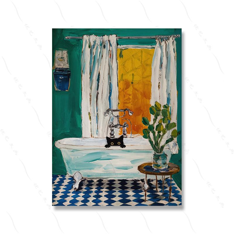 Bath Cat Print Peekaboo Funny Cat Pooping Matisse Painting Poster Wall Decor Toilet Bathroom Bathtube Wall Art Canvas Painting