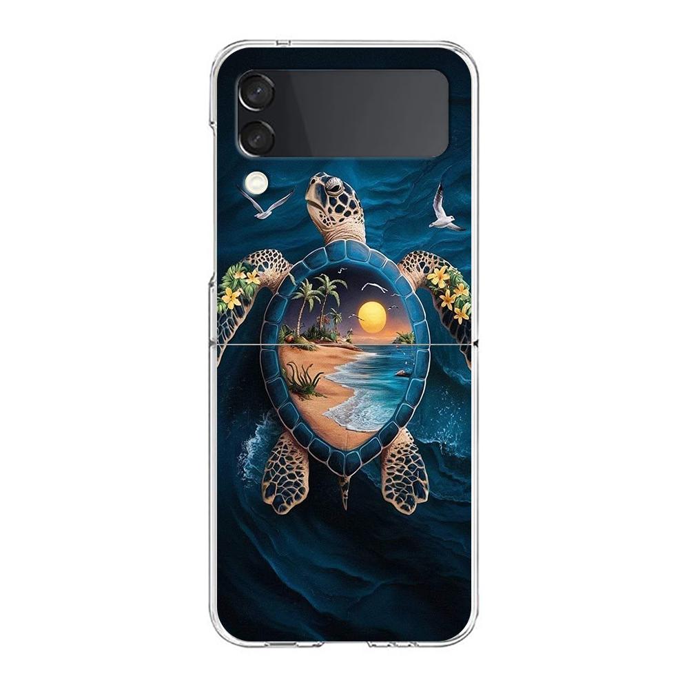 Phone Cover For Samsung Galaxy Z Flip 7 6 5 4 Case Transparent For Samsung Z Flip 3 Hard PC Shell Ocean Cute Dolphin Sea Turtle