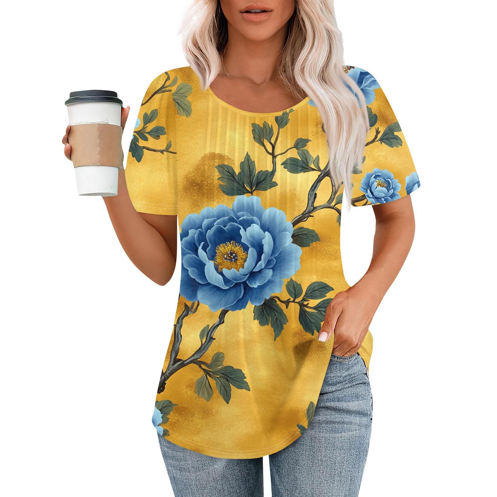 

Женская модная повседневная плиссированная футболка в полоску с круглым вырезом и цветочным принтом с короткими рукавами, топ L синий