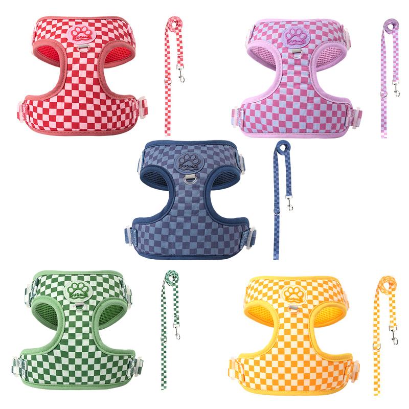 Plaid Dog Harness and Leash Set, Fashion Vest Harness for Small Dogs , Adjustable Puppy Walking Chest Strap with Lead