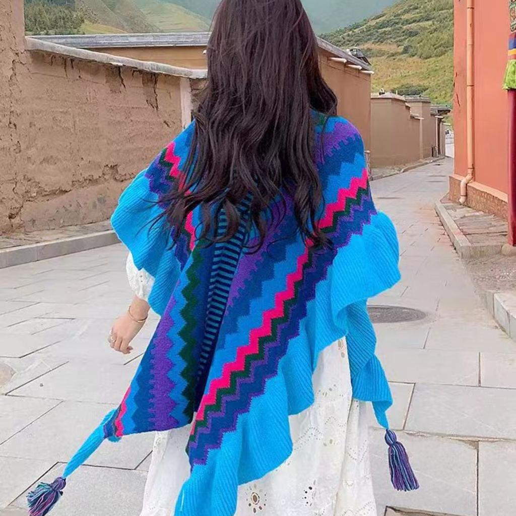 Flowers Embroidered Rainbow Knitted Shawl Spliced Ruffles Sweater Coat Irregular Gauze Ruched Scarf Cape Cardigan Poncho