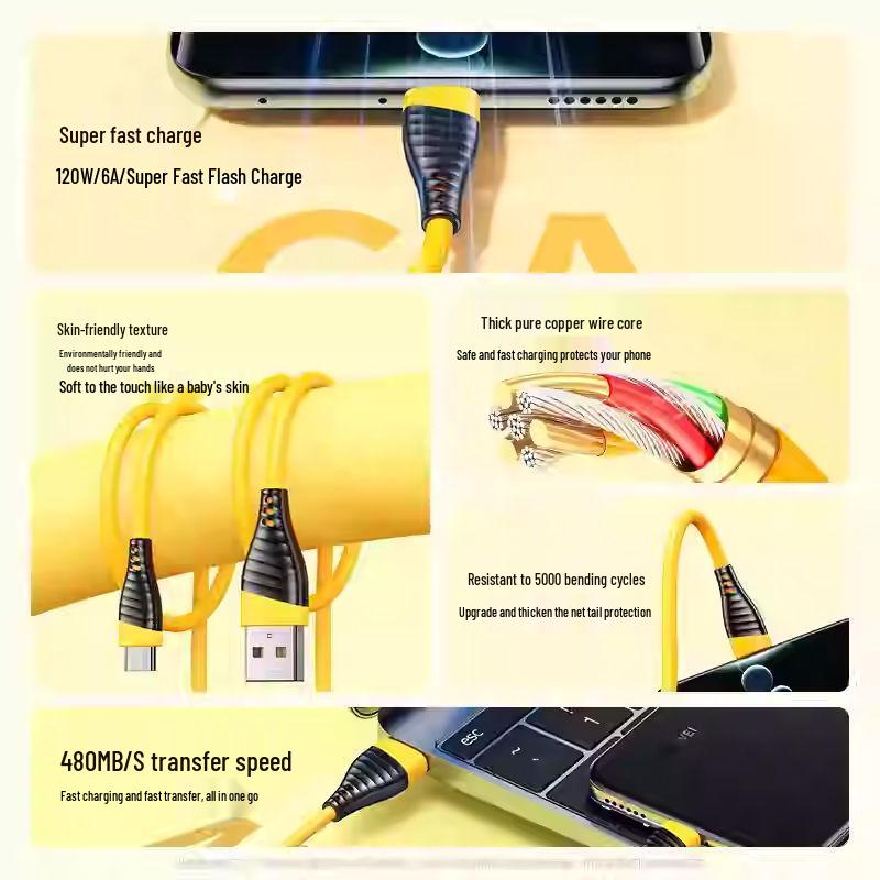 

120W Super Fast Type-C Data Cable for Huawei, Honor, Vivo, and Oppo Phones - 6A Flash Charging Capability 30cm