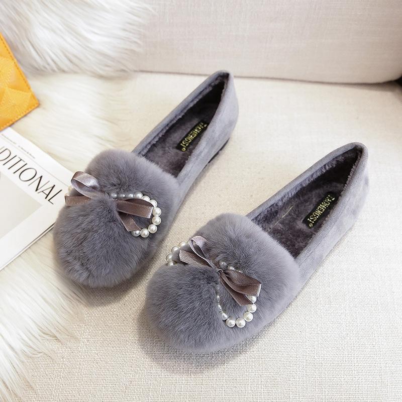 

T50 термохлопковые туфли женские 2025 осенне-зимние модели бант кроличий мех женские туфли плоский каблук меховые туфли женские 40