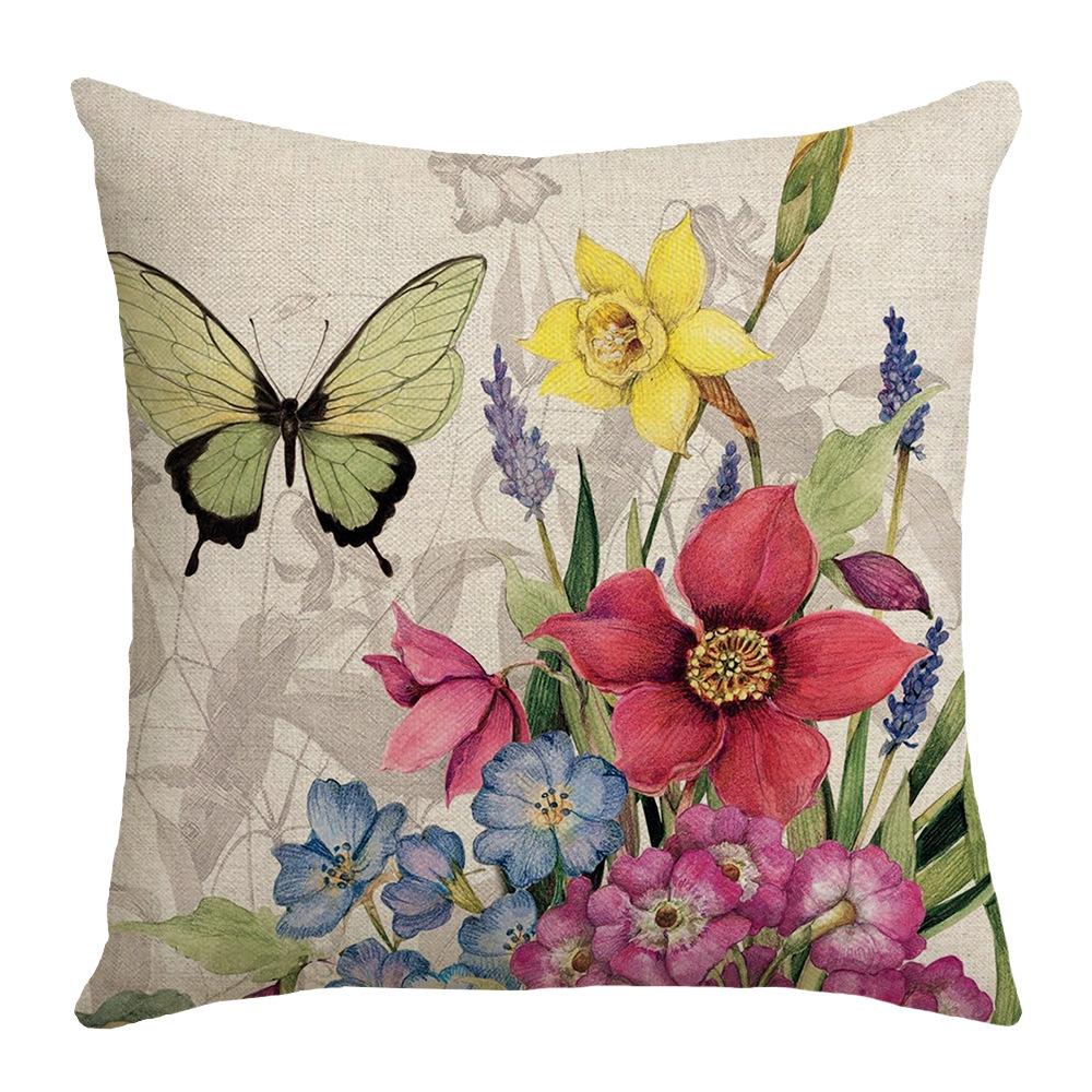 Spring and Summer Flowers and Butterflies Country Print Car Cushion Bedside Cushion Linen Pillow Case