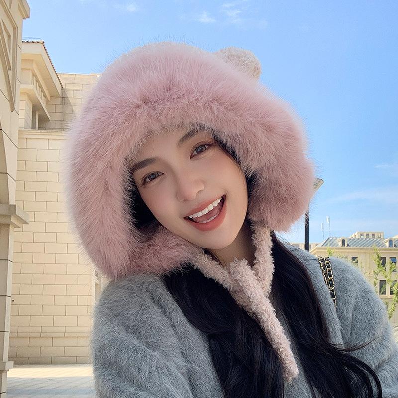 Autumn and winter warm ear protection knitted hat versatile thickened cold-proof plush bear ears wool hat female