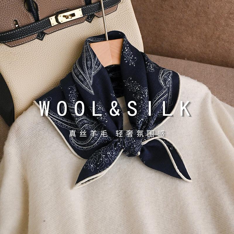 Light luxury retro silk silk scarf women's new autumn and winter warm silk wool square scarf versatile high-end silk wool shawl