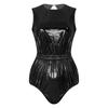 Womens Waterproof Vinyl Sleeveless Back Keyhole Chest Pocket Elastic Waist Button Crotch Leotard