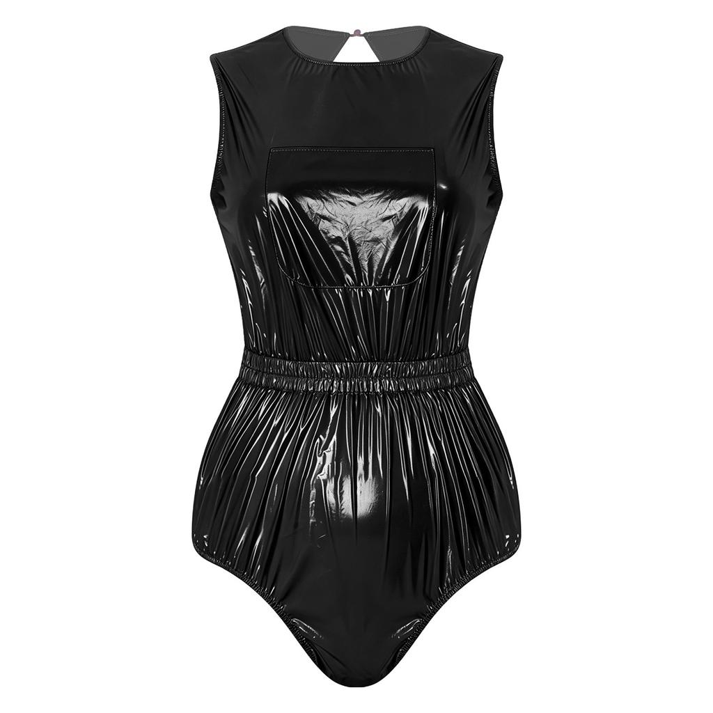 Womens Waterproof Vinyl Sleeveless Back Keyhole Chest Pocket Elastic Waist Button Crotch Leotard