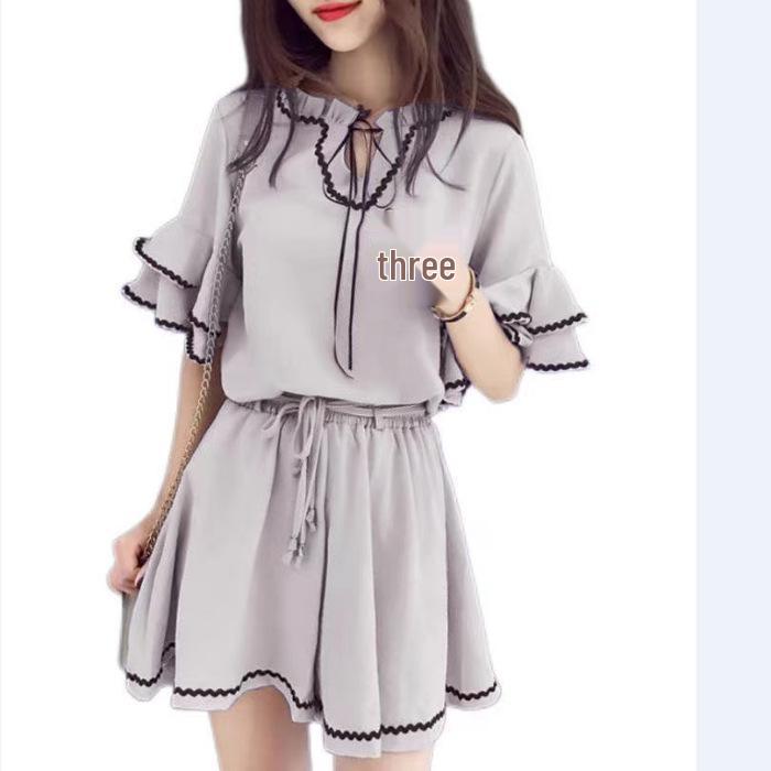2024 Summer Women’s Korean Hong Kong Style Casual Lotus Sleeve Top & High Waist Wide Leg Shorts Set
