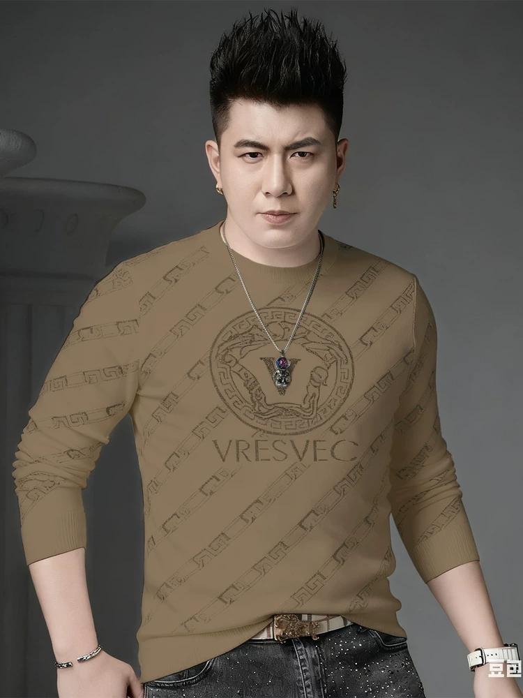 European Trendy Brand Rhinestone Sweater Men's Round Neck Knitwear 2025 Autumn and Winter New Style Warm and Stylish Design Sweater