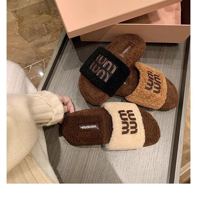 Sheepskin Version~ Grape Mother Has the Same Thick-bottomed Fluffy Slippers for Women's Winter Wear 2025 New Open-toed One-word Cool Slippers