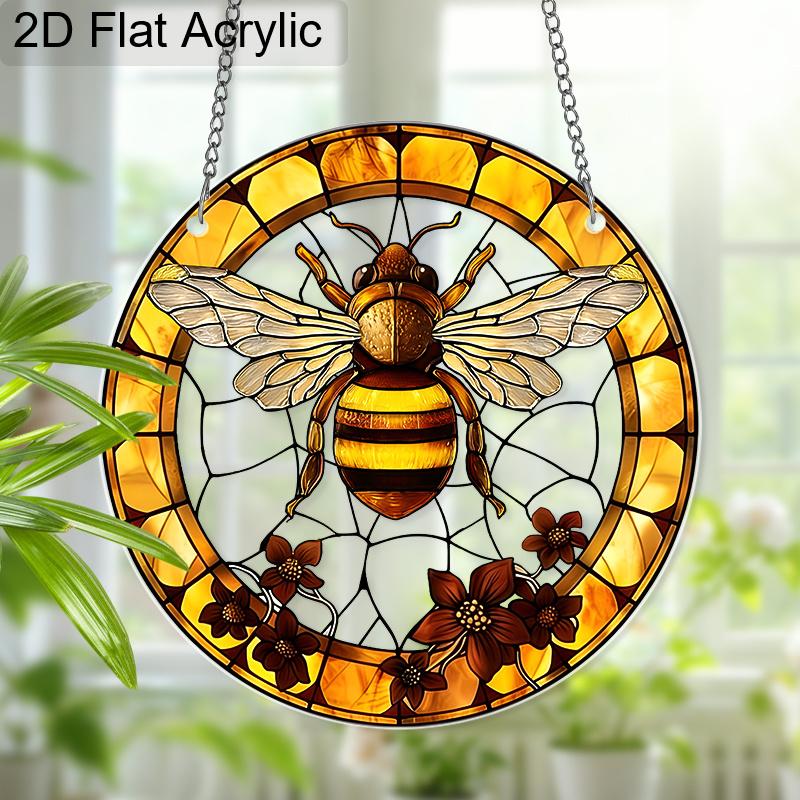 Acrylic Honey Bee with Flowers Suncatcher, Stained Glass Effect Window Hanging Ornament for Nature & Bee Lover Gifts
