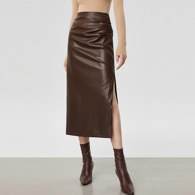 

Юбка средней длины из искусственной кожи с разрезом для женщин, осень-зима, облегающая бедра, юбка А-силуэта с высокой талией, винтажная одежда 2000 года M коричневый