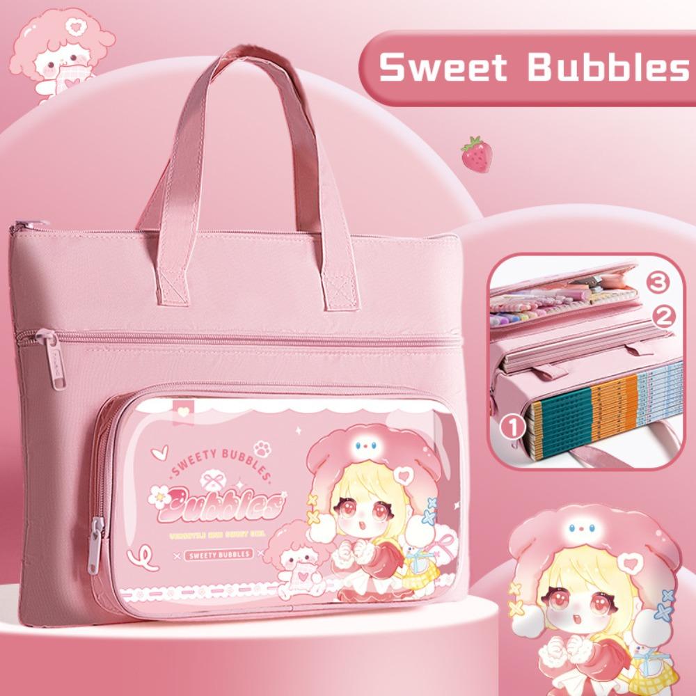 Canvas Tutorial Bag Three Layers Handheld File Bag High Quality Tote Book Bag  School Office Sweet Bubbles