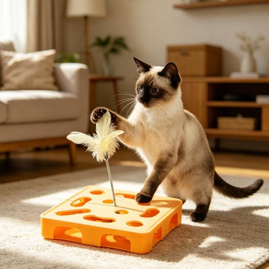 Interactive Puzzle Toy for Cats Puzzle Box with Jingle Balls Spring Feather Wand Cat Enrichment Toy for Indoor Cats Mental Stimulation And Exercise