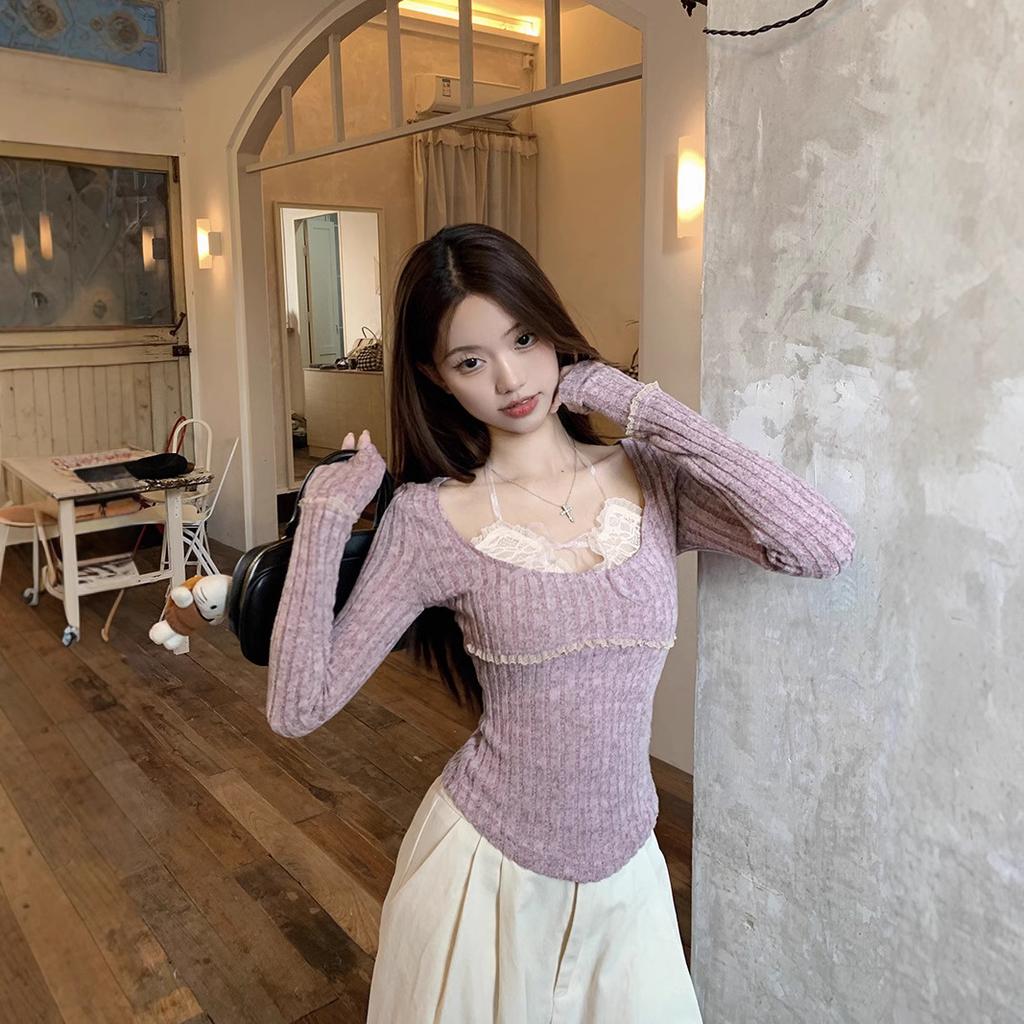 Pure Lace Splicing Neck T-shirt Women's Clothing Autumn and Winter New Korean Version Pullover Slim Short Sweet Spice Top