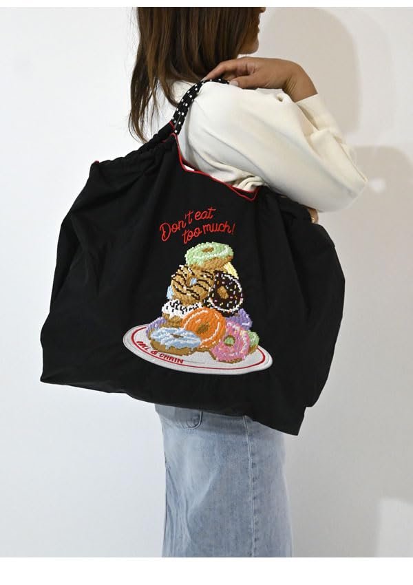 Ball Chain Authentic Large Pixel Donuts Eco Bag Shopping Bag 301160 [Ball & Chain] & (L, BLACK)