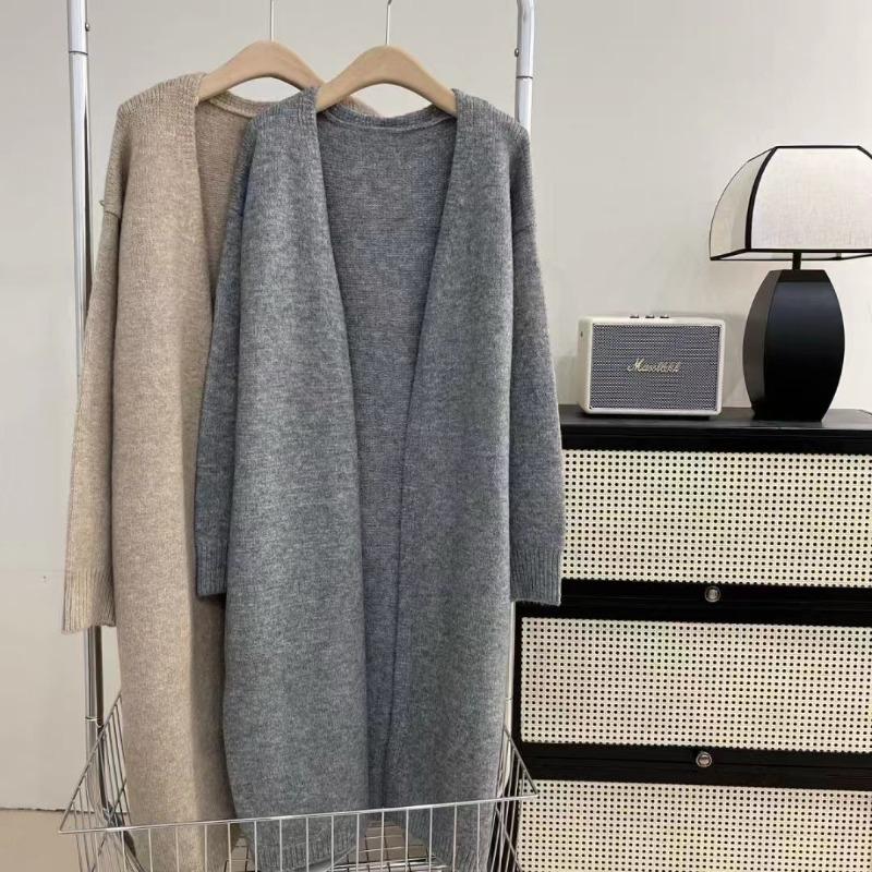 New Retro Gentle Wind V-neck Medium and Long Sleeved Knitted Cardigan Women's Simple Lazy Wind Jacket Top