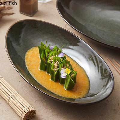 Olive Green Oval Fish Plate Kiln Changes Deep Plate Thick Soup Plate Sashimi Plates Service Plates Hotel Creative Tableware