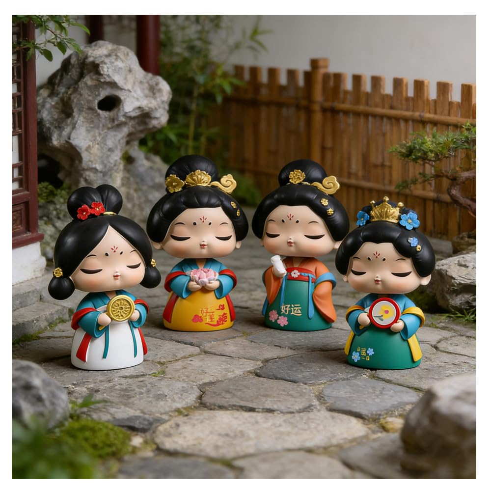 Tang Dynasty Beauty Bobblehead Figurine with Fan, Resin, Car Interior Accessory, Tabletop Decoration, Good Luck Charm, Interior Decor, 4 x 4 x 9 cm