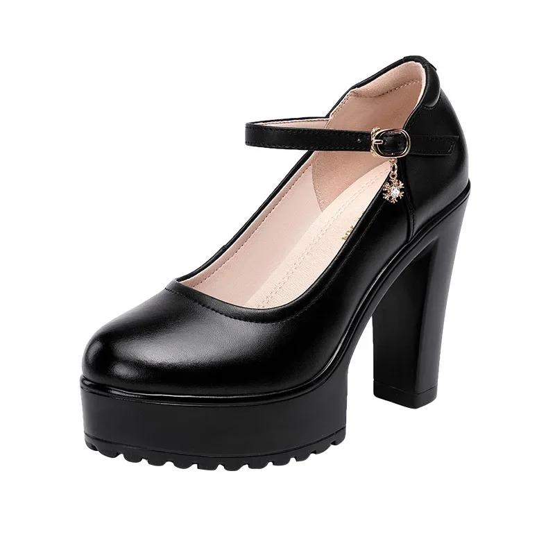 Fashion Cowhide Women's High Heel Shoes with Heels Platform Mary Jane Shoes Women Pumps Office Work Shoe Women's Wedding Shoes 32-43