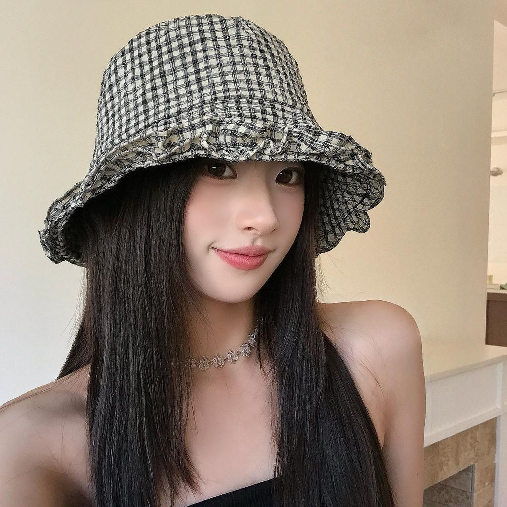 Retro plaid lace bucket hat women's spring summer travel versatile washbasin hat sunshade sunscreen hat