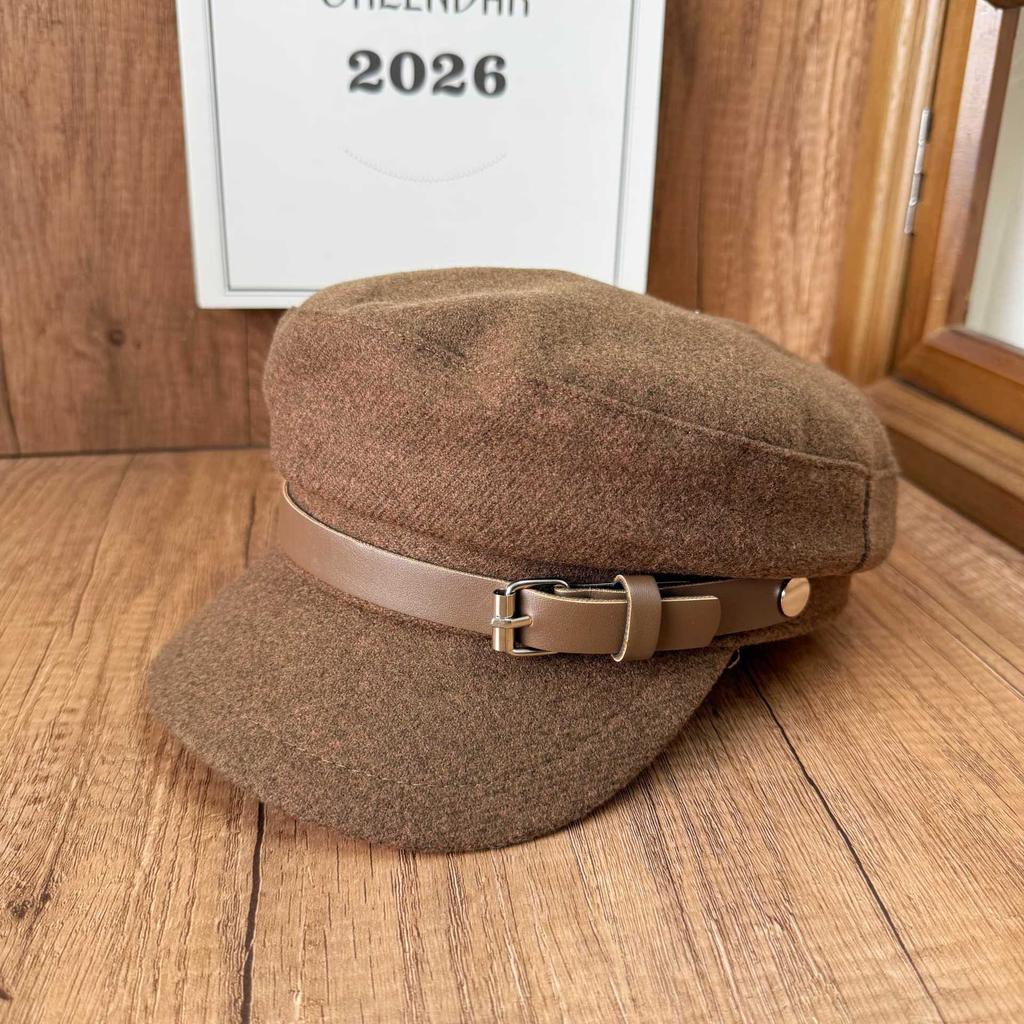 Autumn and winter woolen navy hat women's retro belt buckle cap temperament octagonal hat modified face shape atmosphere hat