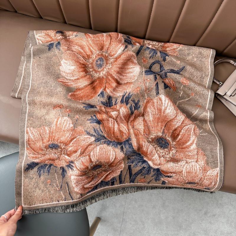 New plant flower scarf autumn and winter thickened retro oil painting scarf women's versatile imitation cashmere shawl
