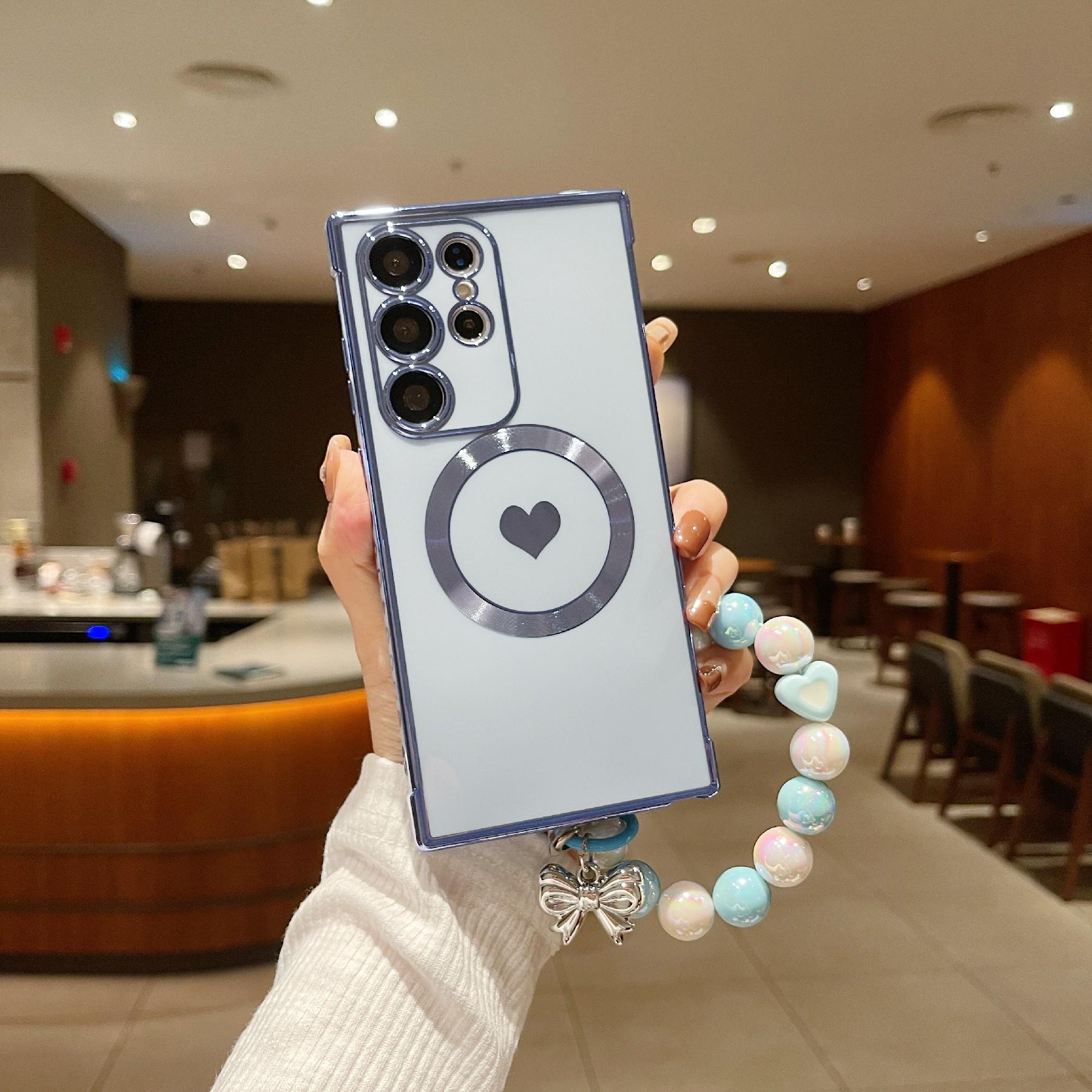 

Для Samsung Galaxy S25 Ultra Боковой гальванический чехол с рисунком сердца Совместимый с Magsafe ТПУ Чехол для телефона с цепочкой на запястье Blue