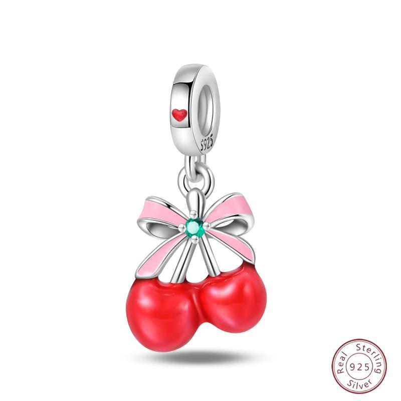 Copper Beaded Pendant Red Shiny Zircon Fruit Strawberry Cherry For Original 3Mm Bracelet Women Fine Jewelry