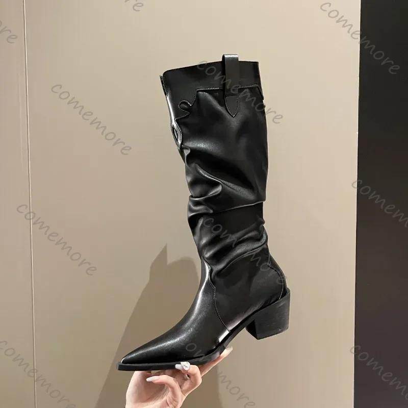 Fashion Comemore Knee High Boots Woman Autumn Slip on Women Shoes Pointed Toe Square Mid Heels Pleated Leather Long Boots Botas De Mujer