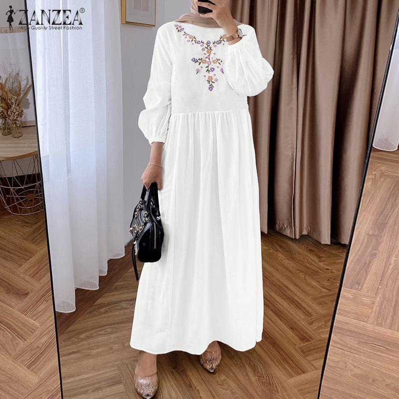 ZANZEA Women Casual Round Neck Long Sleeve Loose Floral Embroidery Dress