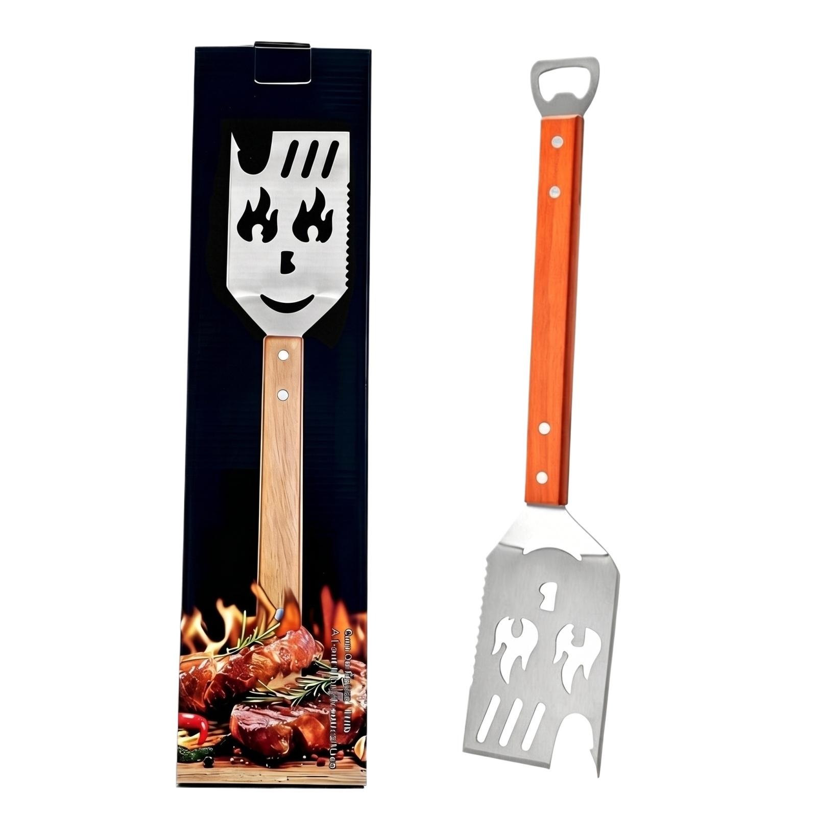 

Multifunctional BBQ Spatula with Wooden Handle Stainless Steel Grill Turner with Bottle Opener and Serrated Edge for Outdoor Cooking One Size