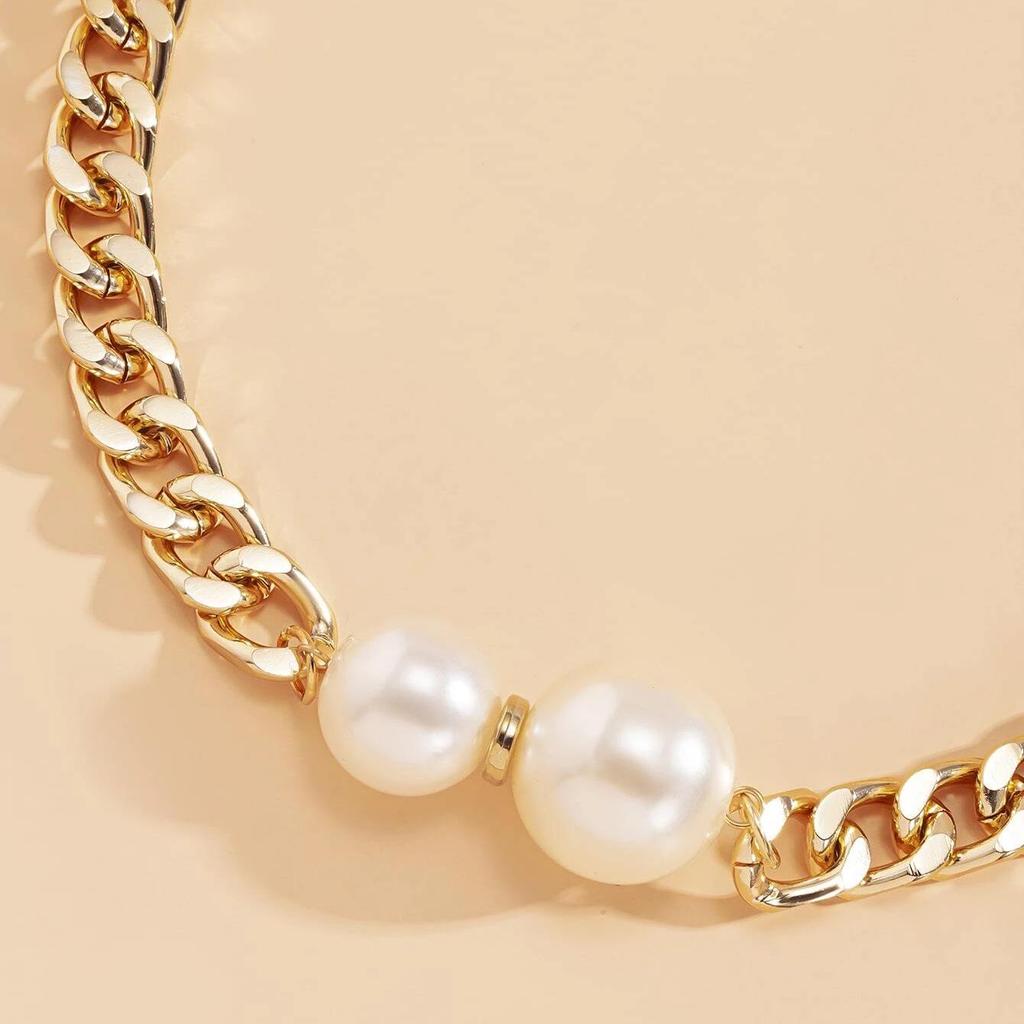 Elegant Imitation Pearl and Geometric Chunky Chain Choker Necklace for Women