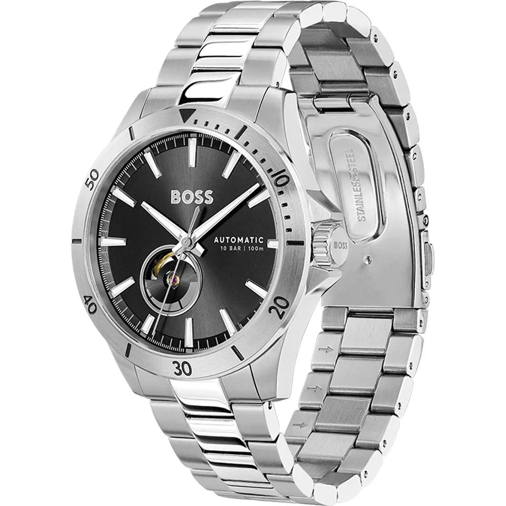 BOSS Troper Schwarz Edelstahl Silber Herren Automatik Uhr 1514202