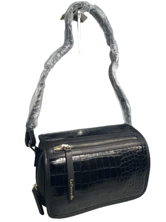 

Italian Crocodile-Embossed Leather Shoulder Bag with Flap, LPR15 (Black), for Men and Women, Cowhide Leather, Travel Bag, Leisure Bag