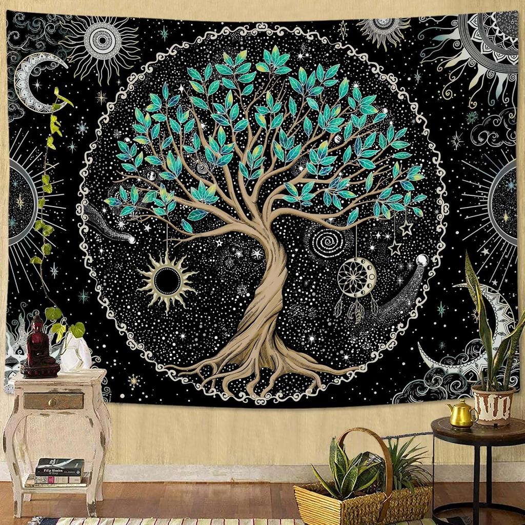 Rexful Baum des Lebens Wandteppich Grünes Wandbild für Schlafzimmer Spirituelle Ästhetik Sonne und Mond Wandteppiche Wandbehang Dekoration