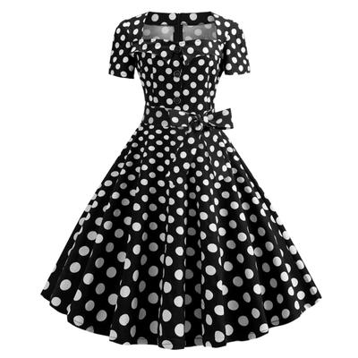 Women's Hepburn Square Neck Short Sleeve Natural Belt Waist Pendulum Polka Dot's Retro Dress