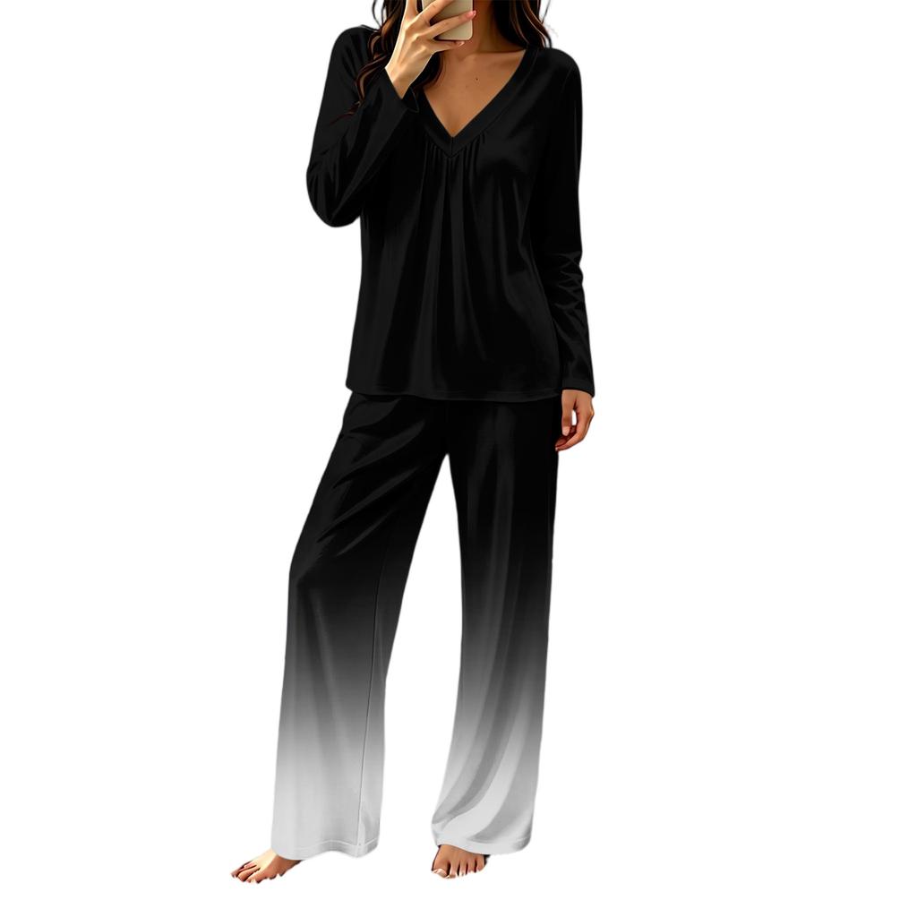 Women's V-Neck Loose Fit Printed Pajama Set with Pants Casual Sleepwear