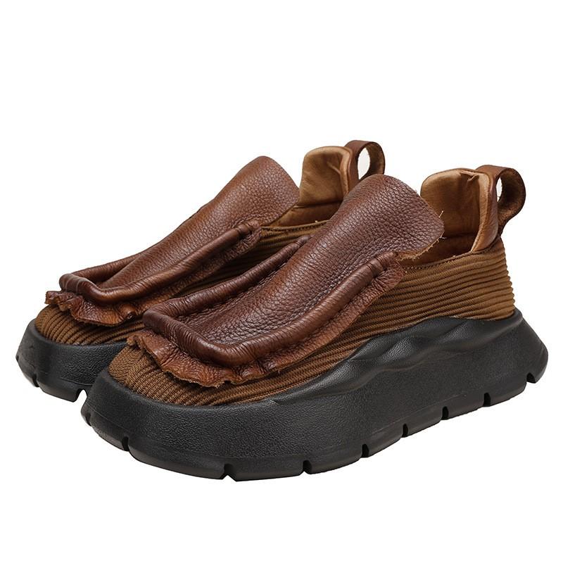 Johnature Vintage Flat Platform Shoes Women Handmade Round Toe Solid Color Comfortable Thick Sole Slip-on Shoes