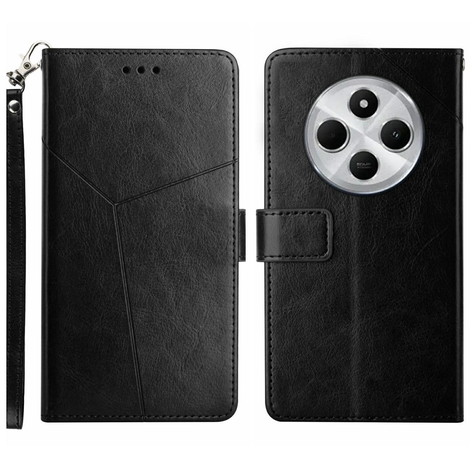 

For Xiaomi Poco C75 4G/Redmi 14R 5G/14C 4G Case with Wrist Strap Y Shaped Lines Imprint Leather Phone Cover Black