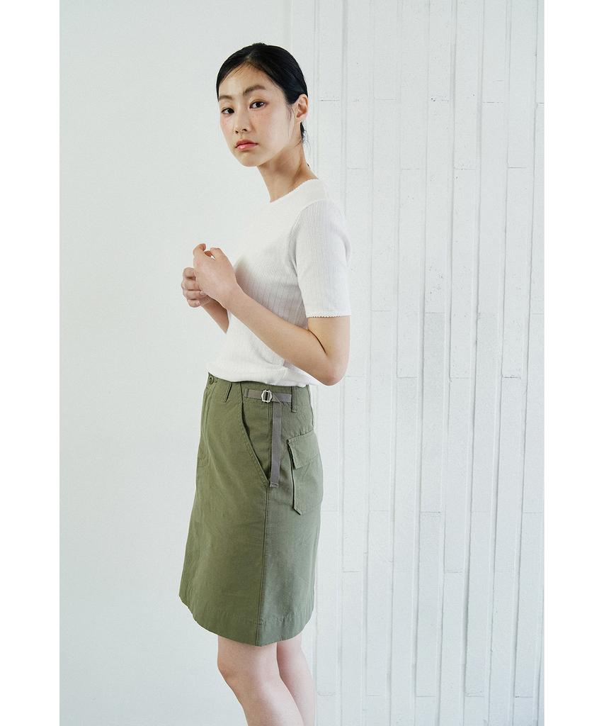 Cotton Bell Midi Side Belt Skirt - Khaki